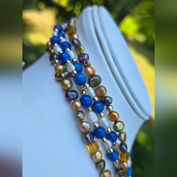 Blue Gemstone White Rice Pearl Gold Purple Peaco Pearl Beaded Necklace Bundle - Picture 10 of 16